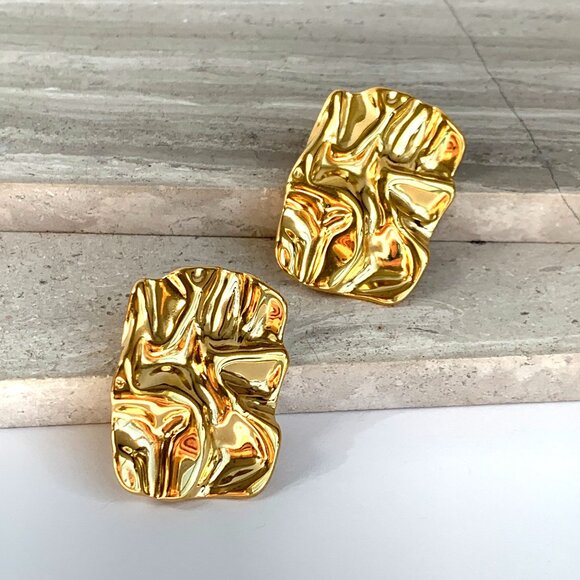 NEW~ Anthropologie Rectangle Textured Oversized Gold Stud Earrings
